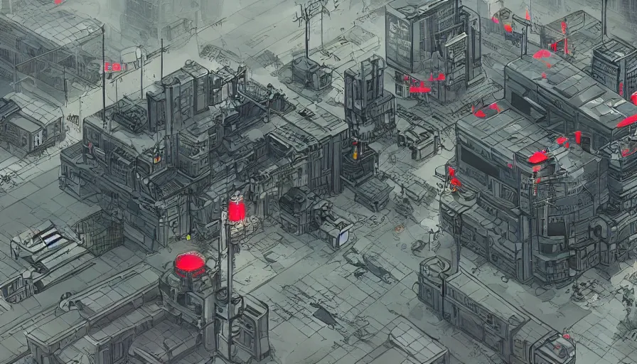 Image similar to Concept Art Illustration of neo-Tokyo Bank Headquarters Map, in the Style of Akira, Syndicate Corporation, Anime, Dystopian, Highly Detailed, Helipad, Special Forces Security, Blockchain Vault, Searchlights, Shipping Docks, For multiplayer Stealth fps bank robbery simulator, Unreal engine 5, Akira Color Palette, Inspired by MGS2 + Ghost in the shell SAC + Cowboy Bebop, 8k :4 by Arc System works + Katsuhiro Otomo : 8