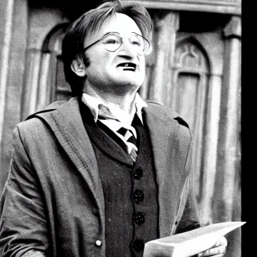 Image similar to Robin Williams playing Harry-Potter in Harry Potter, screenshot