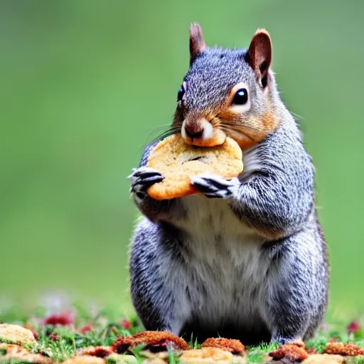 Prompt: A fat squirrel eating a cookie