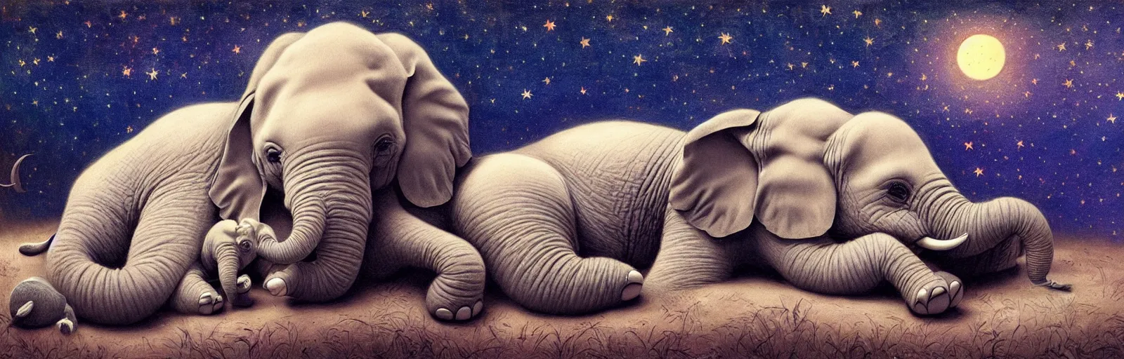 Image similar to a baby elephant sleeping soundly under a starry sky surrounded by savannah, illustration, detailed, smooth, soft, warm, by Adolf Lachman, Shaun Tan, Surrealism
