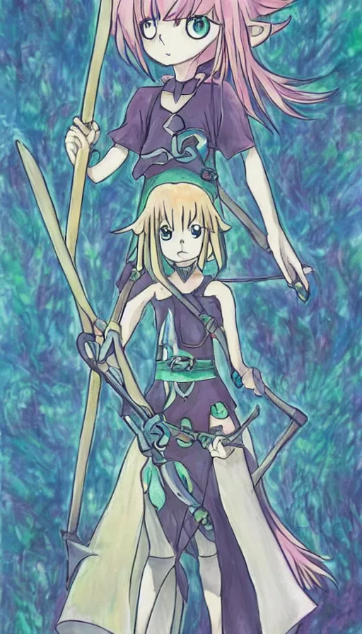 Image similar to a beautiful link drawing of the being death as a cute anime girl with a giant scythe from a studio ghibli film inspired by the death tarot card, dark vibes, pastel colors