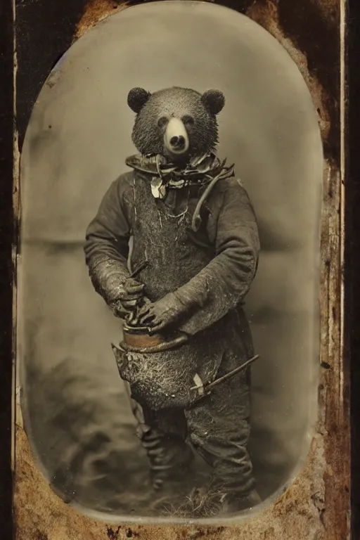 Prompt: a wet plate photo of an anthropomorphic bear dressed as a medieval woodsman