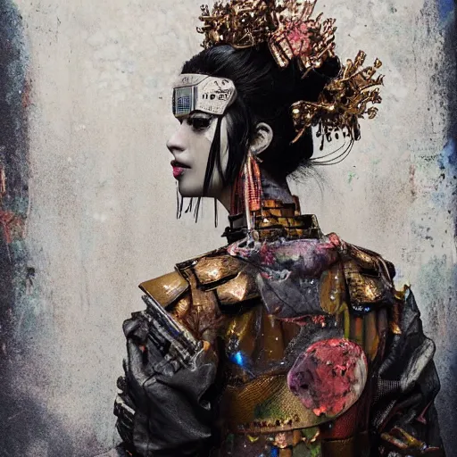 Image similar to cyberpunk geisha warrior by cy Twombly and BASTIEN LECOUFFE DEHARME, iridescent, fractal costume detail, high tech, circuit boards