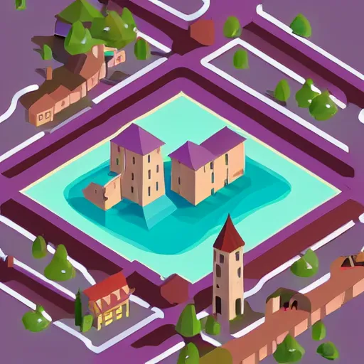 Image similar to small fantasy town, view from above, isometric, stylized, low poly, river, watermill