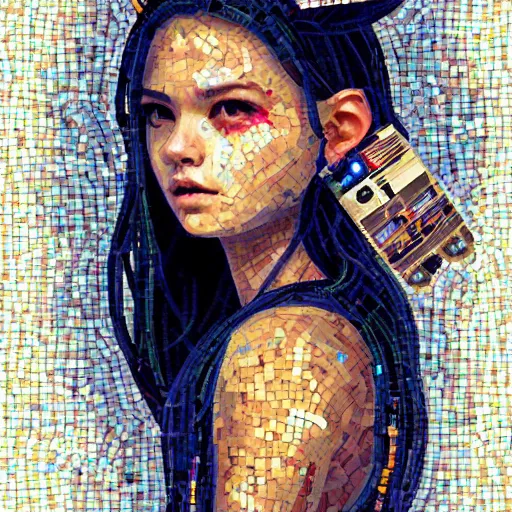 Image similar to mosaic portrait of a beautiful young girl with robot ears falling into the stars by Ross Tran, 4k, intricate details