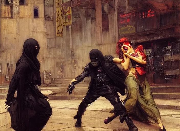 Image similar to Maria evades pvt griggs. Cyberpunk hacker escaping Cyberpunk cop. (police state, Cyberpunk 2077, blade runner 2049). Cyberpunk Iranian orientalist portrait by john william waterhouse and Edwin Longsden Long and Theodore Ralli and Nasreddine Dinet, oil on canvas. Cinematic, Realistic Proportions.
