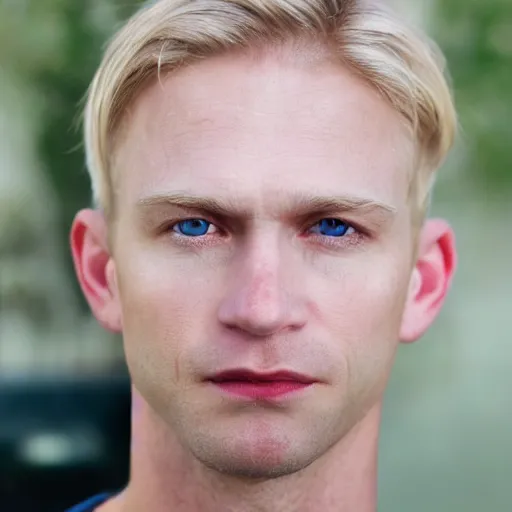 Image similar to full face color photograph of a 35 year old very handsome white man with very short light blond hair and small blue eyes, dressed in a maroon t shirt and black jeans, with very thin lips, with a straight nose and pale skin. He has masculine but gentle features.