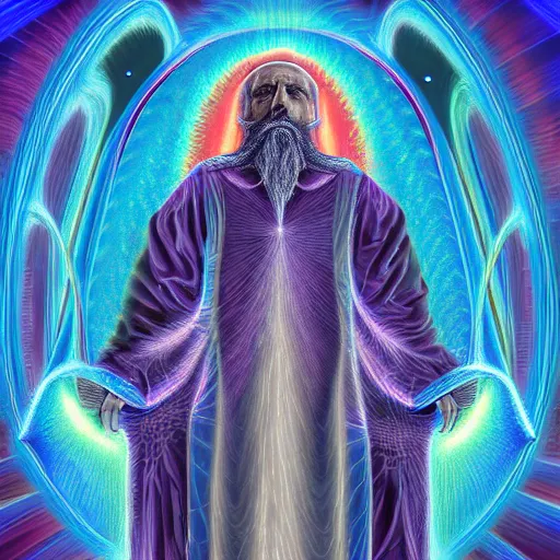 Image similar to wizard in blue robes, long white beard, by alex grey, TOOL band art, psychedelic, render, fractals, detailed, 8K