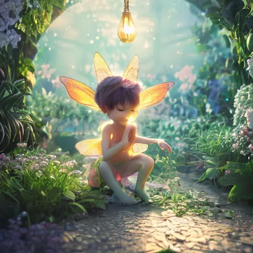 Image similar to a tiny cute fairy in a flower house, beautiful face, large eyes, cute, adorable, volumetric light, octane render, trending on artstation