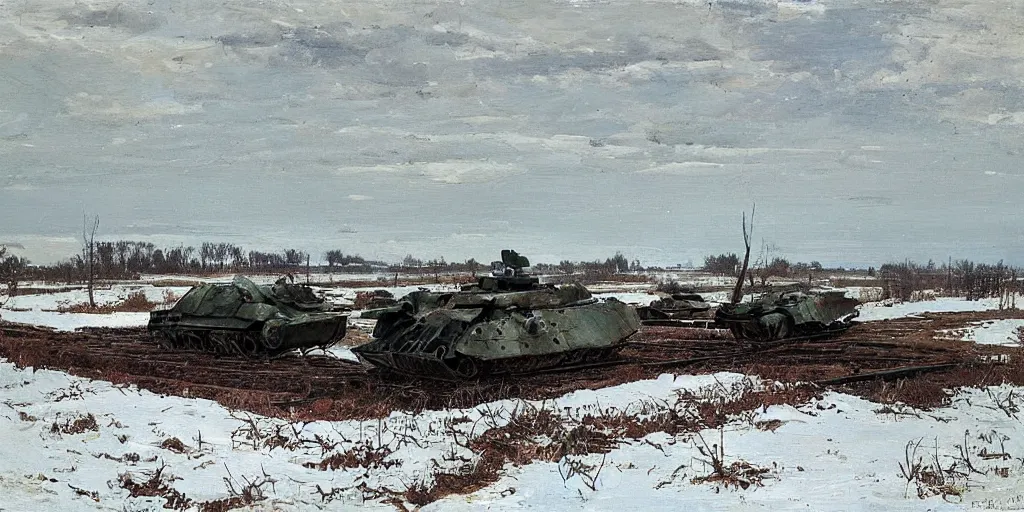 Image similar to “a single destroyed tank languishes in a field, WW2, Eastern front, winter, morning, daybreak, snow, painting by Isaac Levitan”