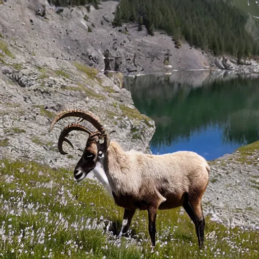 Image similar to ibex eating edelweiss on a mountain lake