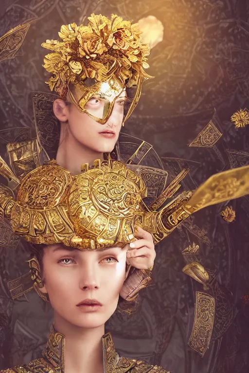 Image similar to hyperdetailed matte illustration of a female knight wearing an ornate gold headpiece and holding a flower with a map of the collective subconscious in the background by octane render