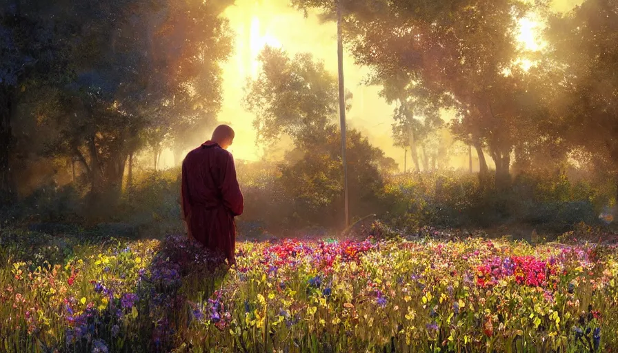 Prompt: craig mullins a man in robes kneels and prays in a field of flowers, the sun's holy light shines down upon him, colorful, solarpunk, unreal engine, hyper realism, realistic shading, cinematic composition, realistic render, octane render, detailed textures, photorealistic, wide shot