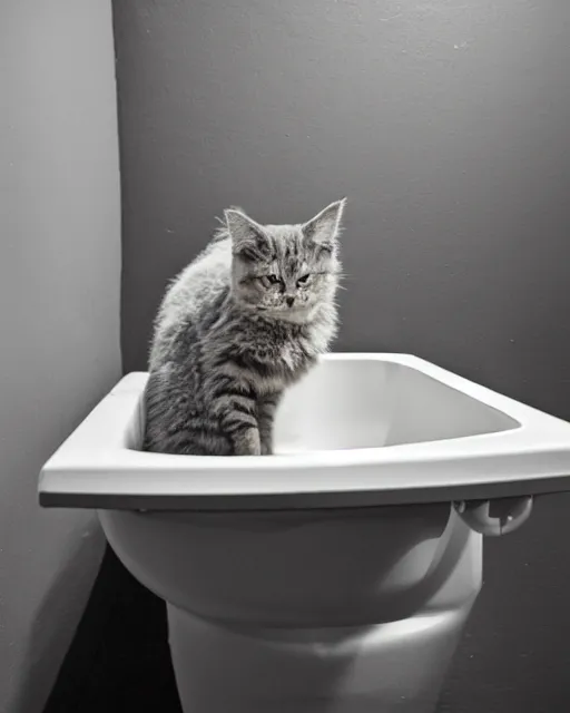 Image similar to Wide view of a Fluffy cat drinking water from a bathroom sink