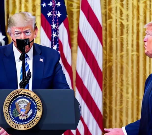 Image similar to photo of joe biden and donald trump kissing intimately as the puppetmaster pushes their heads together, hyperrealism
