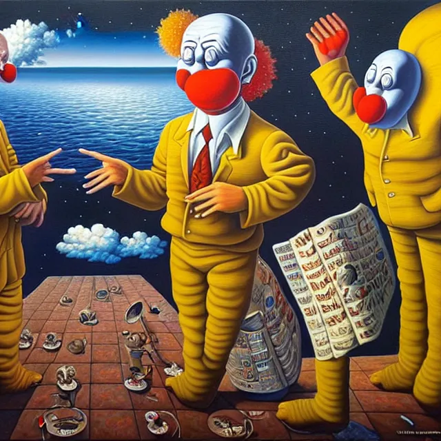 Image similar to an oil on canvas painting of a clowns having an argument over the meaning of life, surrealism, surrealist, cosmic horror, rob gonsalves, high detail