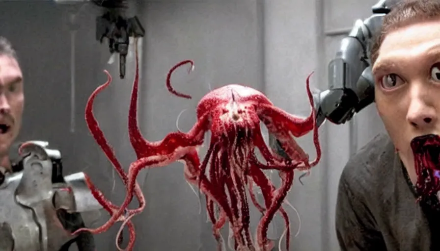 Image similar to Big budget horror movie, a squid bloodily rips off a man's head while a cyborg watches