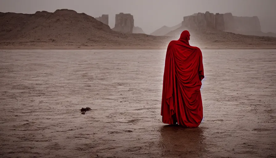 Prompt: a man in red drapery in a blood barque on a river next to a neoclassical vertical city in the desert, leica sl 2 5 0 mm, heavy grain, high quality, high detail, fog, mud