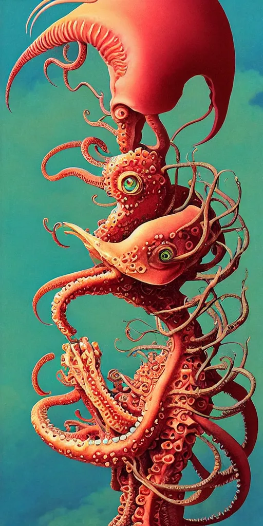 Prompt: portrait of the ammonite skeksis supermodel girl clad in branching coral armor bites into a juicy squid, by mark ryden, kawase hasui, dorothea tanning, moebius, edward hopper and james gilleard, aivazovsky, zdzislaw beksinski, steven outram, colorful iridescent and playful