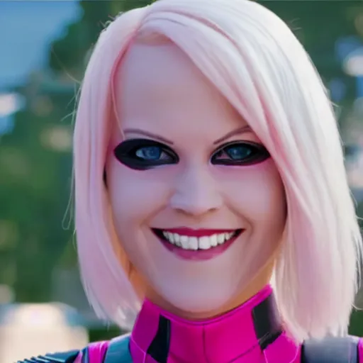 Prompt: A still of Gwenpool in Deadpool 3 (2023), blonde hair with pink highlights, no mask, white and light-pink outfit, smiling and winking at the camera