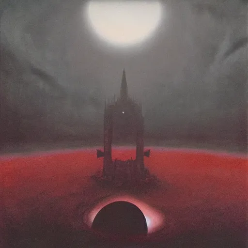 Image similar to ultra realistic, astronaut looking up at big eerie hell cathedral on a destroyed planet, Zdzisław Beksiński style, black and red background, occult, photo realistic, dark atmosphere