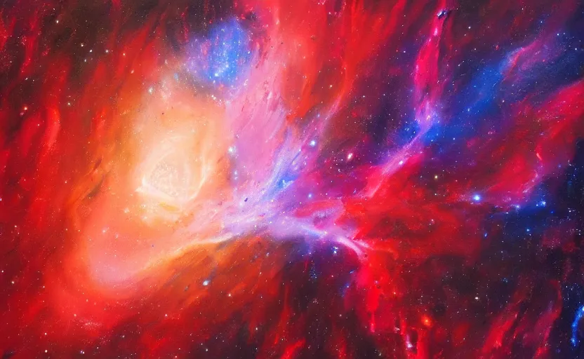 Image similar to an oil painting of a beautiful space nebula, red and blue; hyper-detailed; an extraordinary masterpiece!!!; flawless; trending on artstation