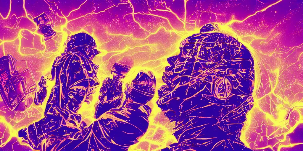 Image similar to rapping into microphone silhouetted against psychedelic lightning, silhouettes, huge crowd, digital art, vapor wave, hip hop, graffiti, trending on Artstation, professional artist, detailed, 4k