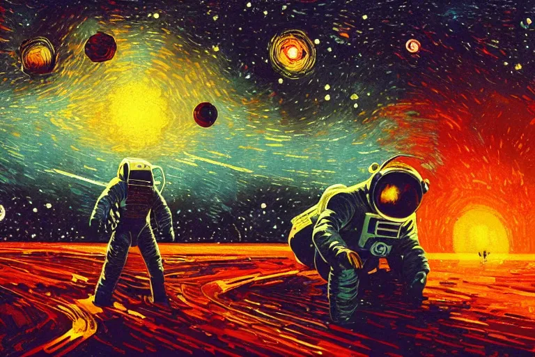 Prompt: digital painting of an astronaut in space, by paul lehr and vincent di fate and van gogh, highly detailed, intricate, sharp focus, science fiction, galaxies, stars, supernova, black hole, galaxy, planet, void, artstation, cinematic lighting, studio ghibli color pallette, neon lights, trippy, retrofuturism, portrait