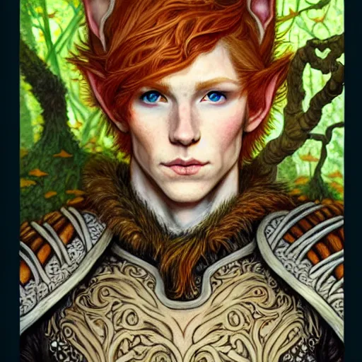 Image similar to portrait painting of an elven young man with short ginger hair and tree tattoos on his cheeks wearing fur armor, sharp focus, award - winning, trending on artstation, masterpiece, highly detailed, intricate. art by rebecca guay