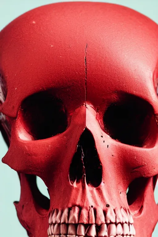 Image similar to a highly detailed photo of a skull dipped in red paint