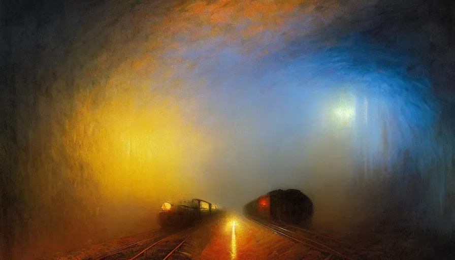 Prompt: a train driving through a psychedelic tunnel, by ivan aivazovski,