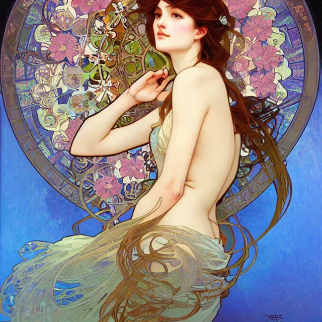 Image similar to in this whole world, you are the most beautiful. oil painting, by ross tran an alphonse mucha