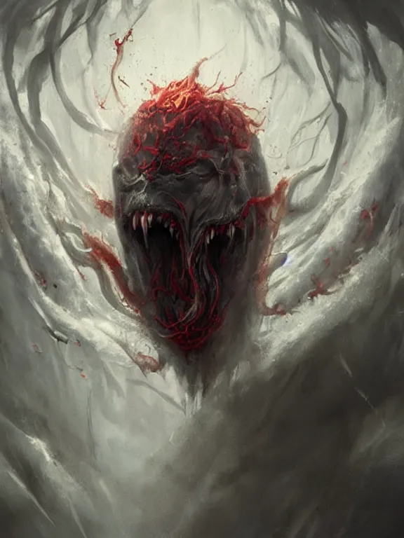 Image similar to painting by greg rutkowski of a flying sorrowful looking human head with tears running down it's eyes, face that is chalk white in color, with long sprawling white tentacles stemming down it's neck, fiery scorching red eyes, flying in a terrying hellish dark cavernous place