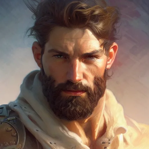 Image similar to portrait of a rugged ranger, muscular, upper body, 🍑 🍑 🍑 , D&D, fantasy, intricate, elegant, highly detailed, digital painting, artstation, concept art, smooth, sharp focus, illustration, art by artgerm and greg rutkowski and alphonse mucha