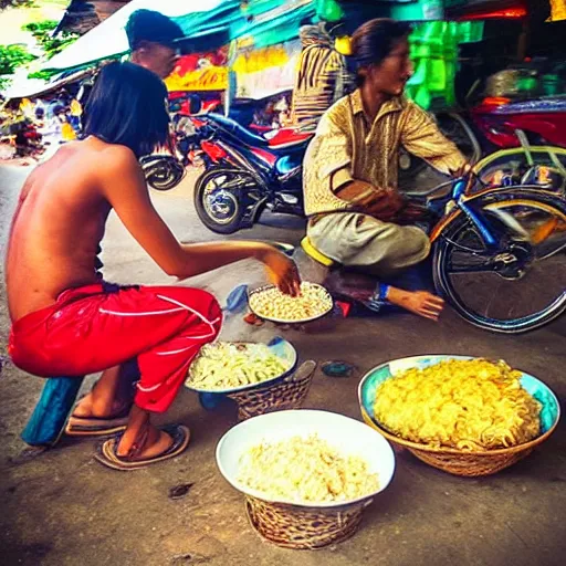 Image similar to “ selling fried chicken and sticky rice from a motorbike in thailand. ”