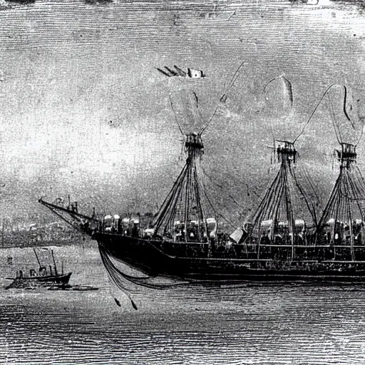 Prompt: grainy 1800s photo of a dirigible warship being shot down over a city