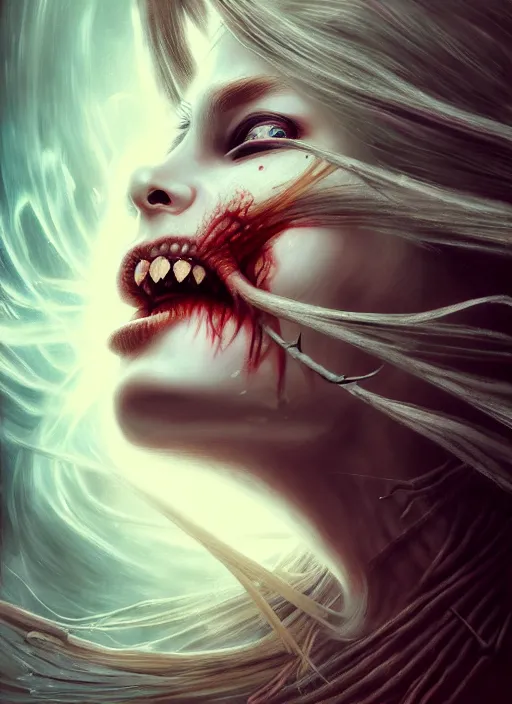 Prompt: realistic detailed image of a female pirate blonde hair blowing in an angry and stormy battle scene, anime art, anime, inspired by H.R. Giger and Zdzislaw Beksinski and Mark Ryden, gothic, rich deep colors. A masterpiece, matte painting, digital art, trending on artstation.