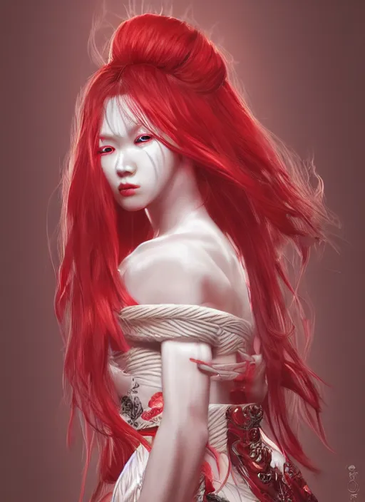 Image similar to albino maiko with very long fantasy hair, fluent composition, red and white neon, concept art, ambient light, 4 k, intricate details, highly professionally detailed, cgsociety, highly detailed -