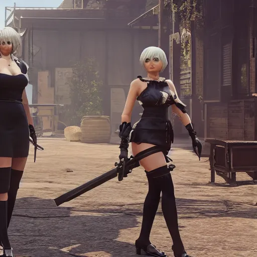 Image similar to Film still of 2B nier automata in a Town from Red Dead Redemption 2 (2018 video game), safe for work, medium full shot, detailed skin and thick thighs, artstation, artstation hq, hd, 4k