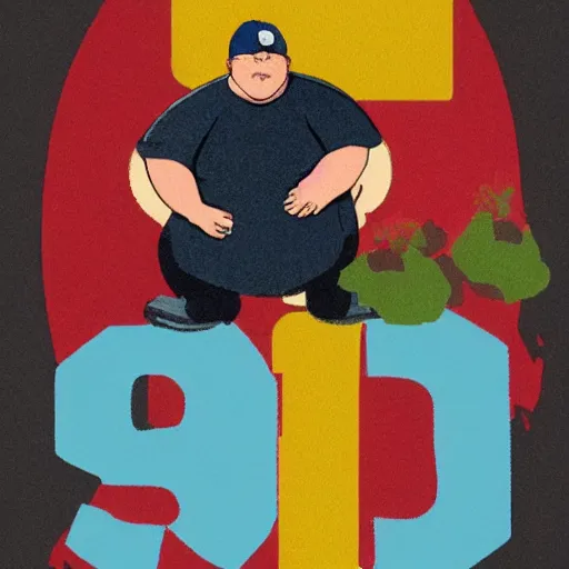 Image similar to very obese man with a t-shirt and a cap with the letter P, writing on a book