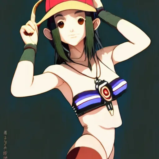 Image similar to beautiful boyish natalie portman alluring gravure model in majora's mask, wearing wooden mask and baseball cap and leotard, street wear with subtle mayan patterns, aztec bathing suit, gapmoe yandere grimdark, trending on pixiv fanbox, painted by greg rutkowski makoto shinkai takashi takeuchi studio ghibli, akihiko yoshida