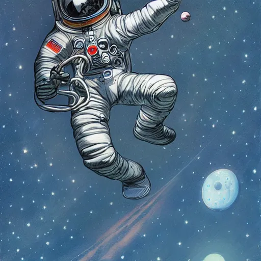 Image similar to james jean artwork of an astronaut drifting in space staring at the earth