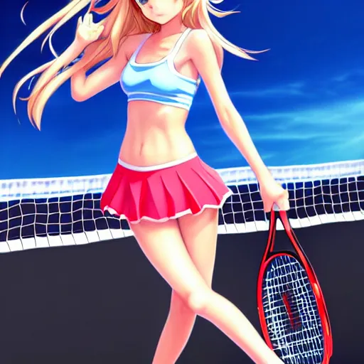 Prompt: a very beautiful young anime tennis girl, full body, long wavy blond hair, sky blue eyes, full round face, short smile, bikini, miniskirt, front view, highly detailed, cinematic wallpaper by stanley artgerm lau