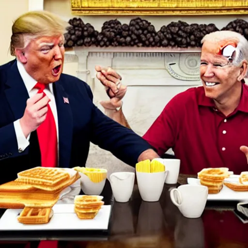 Image similar to photograph of trump and Biden sitting and eating breakfast at a Wafflehouse