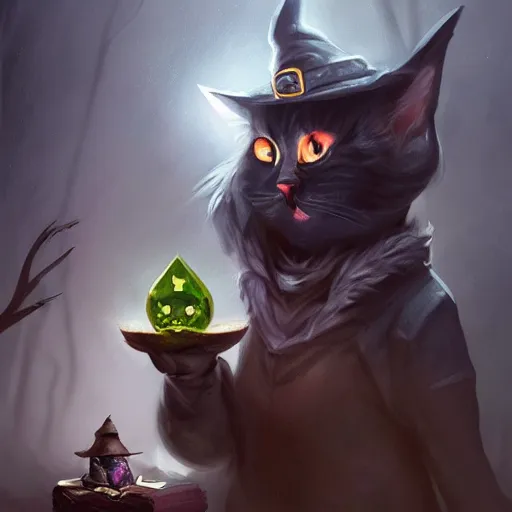 Image similar to Anthropomorphized cat witch brewing potion, evil smile, witch Hut, witch hat, dark fantasy, magic the gathering artwork, D&D, fantasy, cinematic lighting, centered, symmetrical, highly detailed, digital painting, artstation, concept art, smooth, sharp focus, illustration, volumetric lighting, epic Composition, 8k, art by Akihiko Yoshida and Greg Rutkowski and Craig Mullins, heroic pose, oil painting, cgsociety