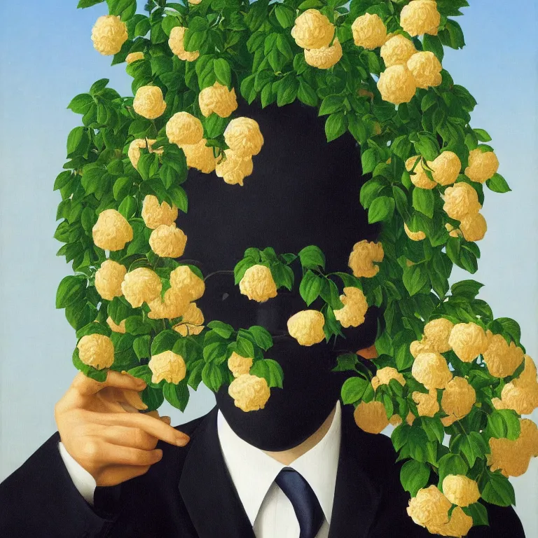 Image similar to portrait of man in a suit with flowers hiding his face by rene magritte, detailed painting, hd, hq, high resolution, high detail, 4 k, 8 k