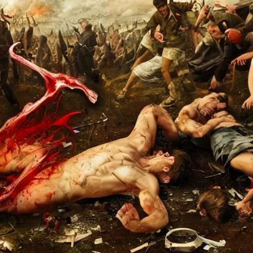 Prompt: a very high resolution image of the aftermath of a very bloody battle between the devil and god