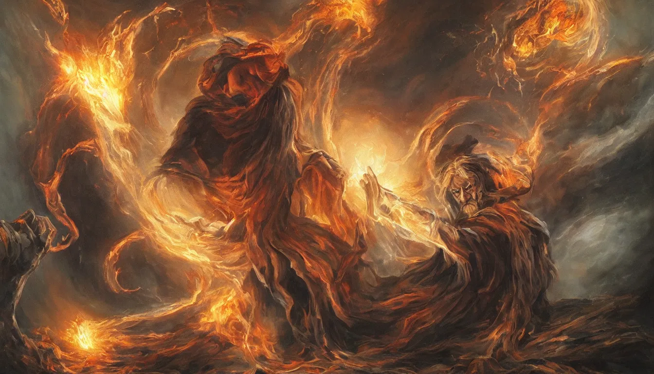 Prompt: Beautiful painting of an old wizard opening a portal to Hell, 4k