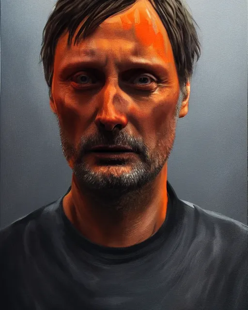 Image similar to mads mikkelson as clifford unger from death stranding, mysterious portrait, oil painting, orange fill light