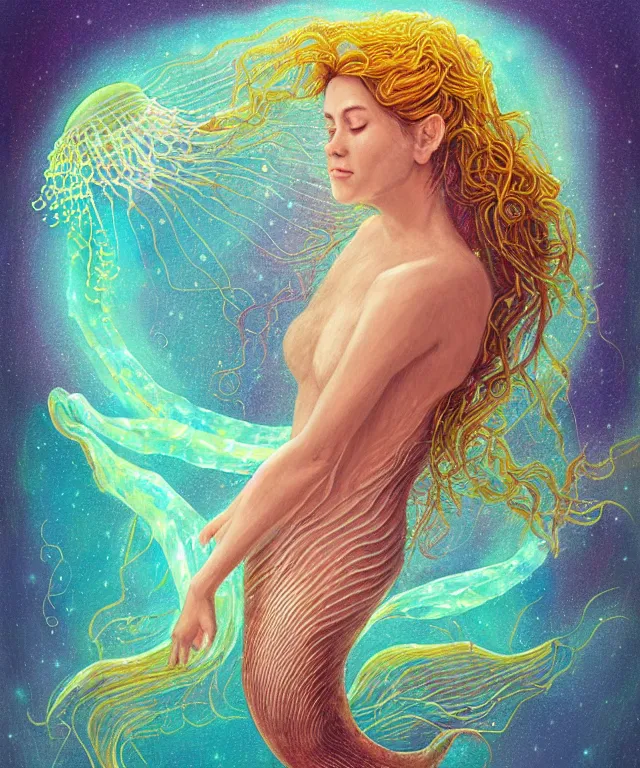 Image similar to portrait of a levitating floating in space goddess mermaid with (reaction diffusion) scaled fish skin Bioluminescent phoenix jellyfish, phoenix fire, chimera, energy rays, Her breath shot a haze of steam out into the frosty morning air concept, soft light, soft mood, realistic body features and face, illustration,intricate ornament halo, painting oil on canvas by Elena Zhurikhina and Goro Fujita and Charlie Bowater, octane render trending on artstation, 4k, 8k, HD